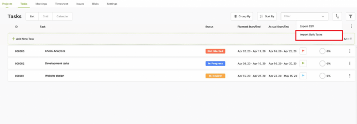 Task Import dropdown nTask