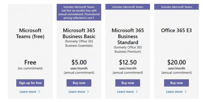 MS Teams pricing plans