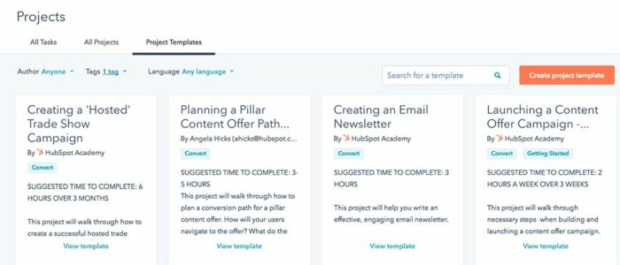 Project templates in HubSpot