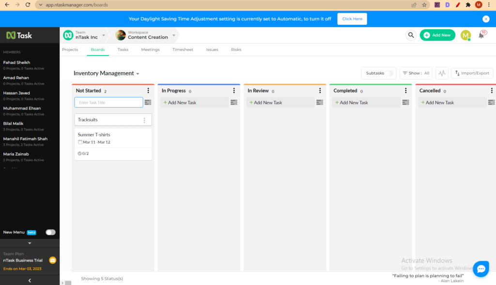 add task in ntask board